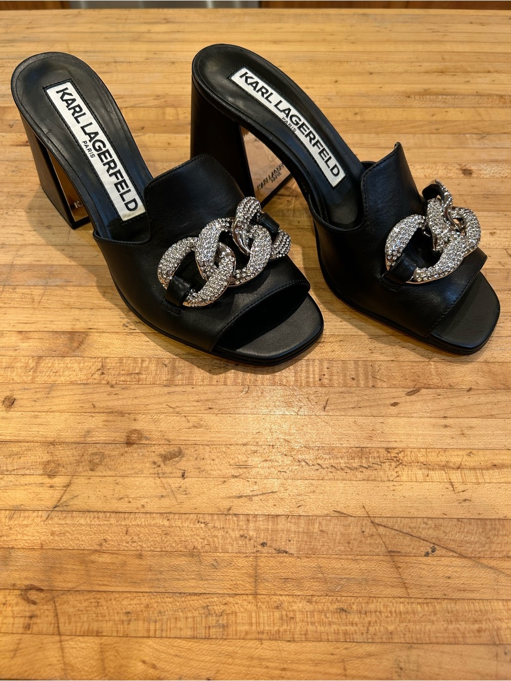 Karl Lagerfeld Black Leather Mules with Crystal Chain - Picture 2 of 9